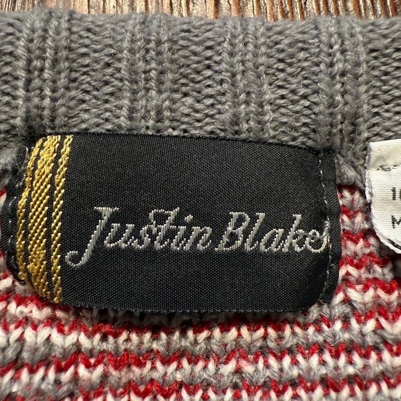 Vtg‎ Justin Blake Sweater Mens Large Gray Red Geometric Knit Grandpa - Picture 3 of 9